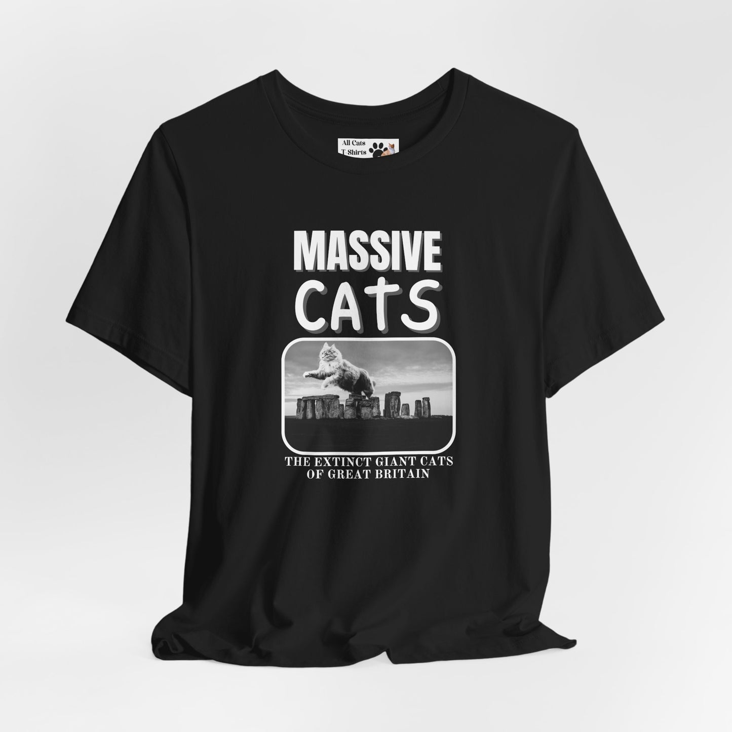 A Massive Cats T-Shirt - Huge Cat Jumping Over Stone Henge - (Funny Cat Unisex Jersey Tee - Perfect for Cat Fans!)