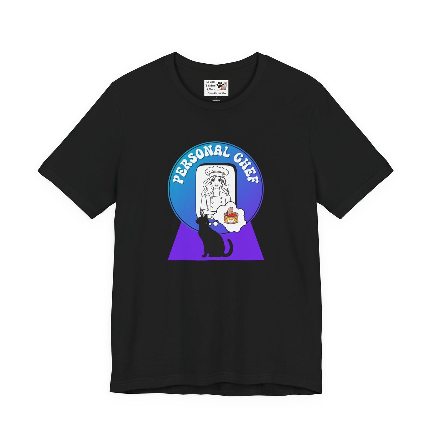 Personal Chef for Cats T-Shirt - (#11 - Black Cat Silhouette & Chef Blue Purple Design - Unisex Jersey Tee – Perfect for Cat Care Givers!)
