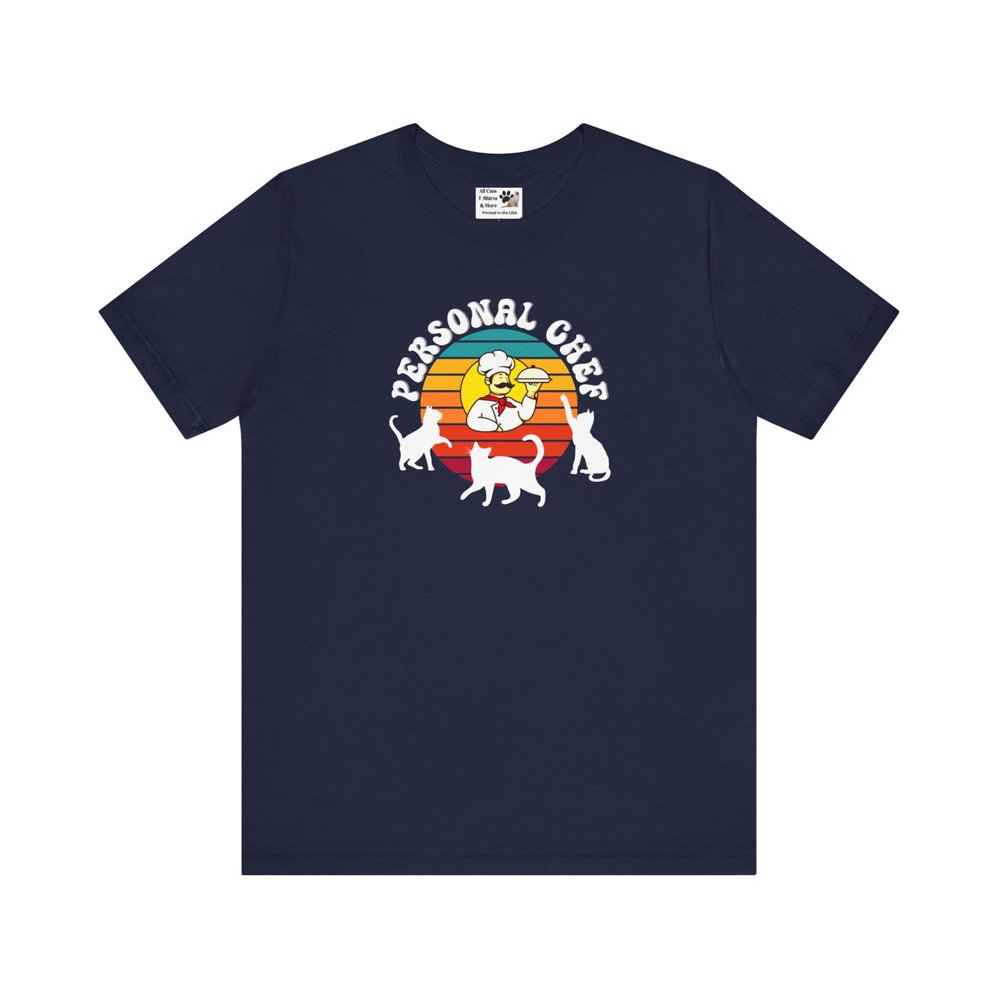 Vintage Style Personal Chef for Cats T-Shirt (#15 - Cat, Chef & Can Opener - Unisex Jersey Tee ā Funny Cat Tee)