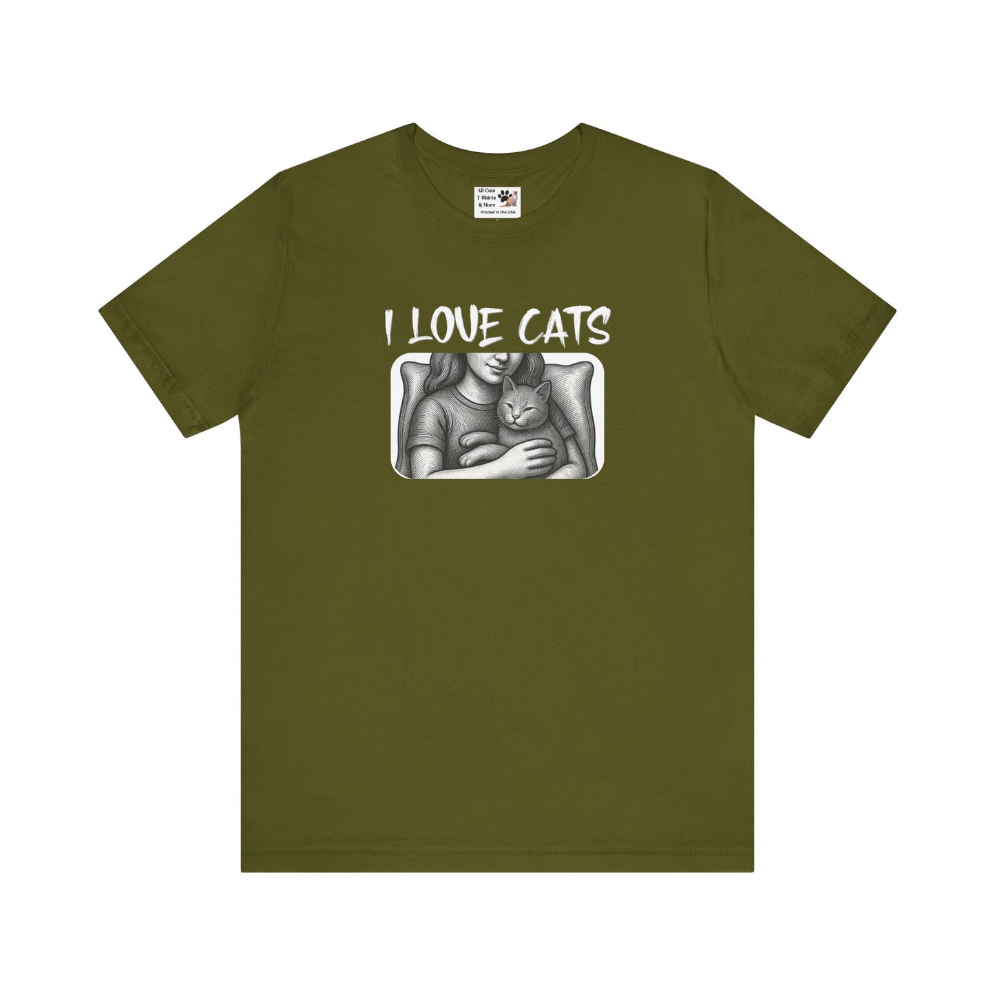 I Love Cats T-Shirt — Cat Lover Graphic Tee with Cozy Cat Cuddle Illustration