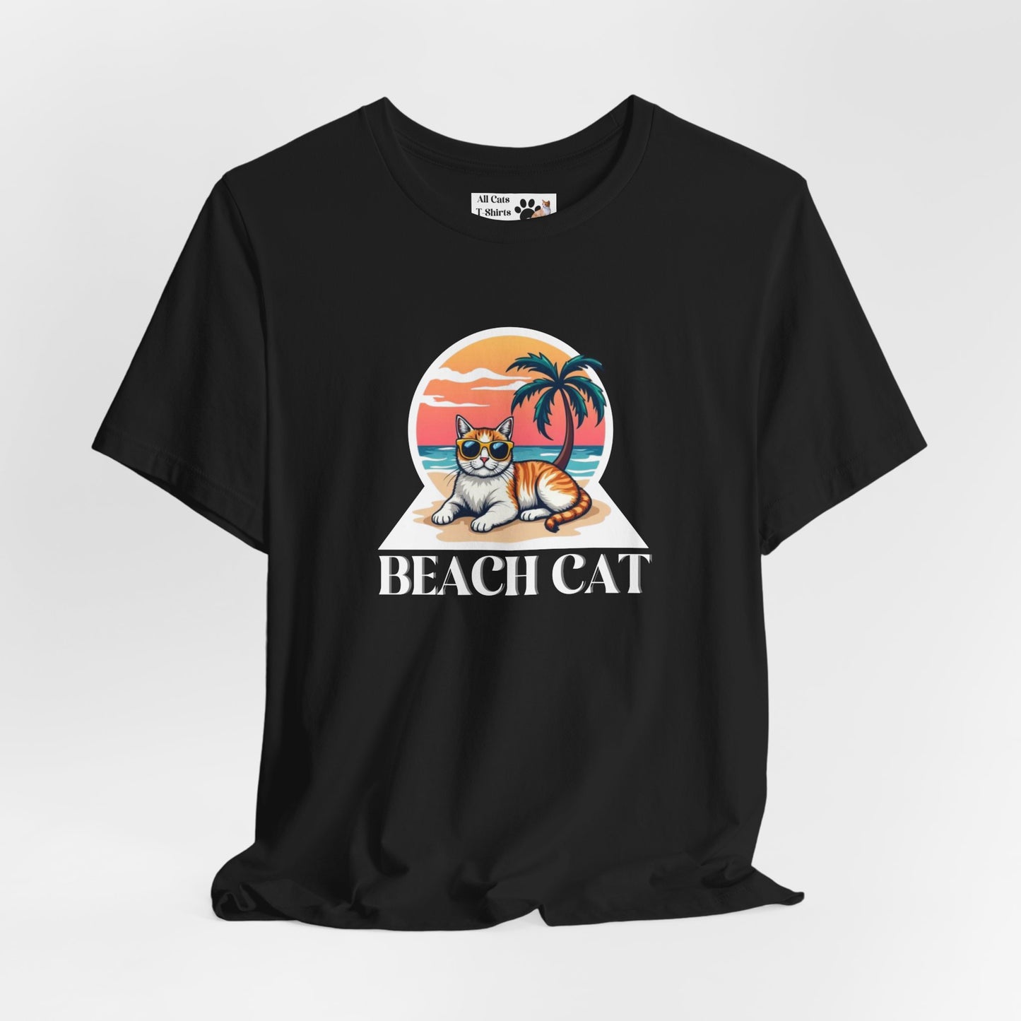Beach Cat T-Shirt - (Retro Sunset Graphic Tee for Cat Fans)