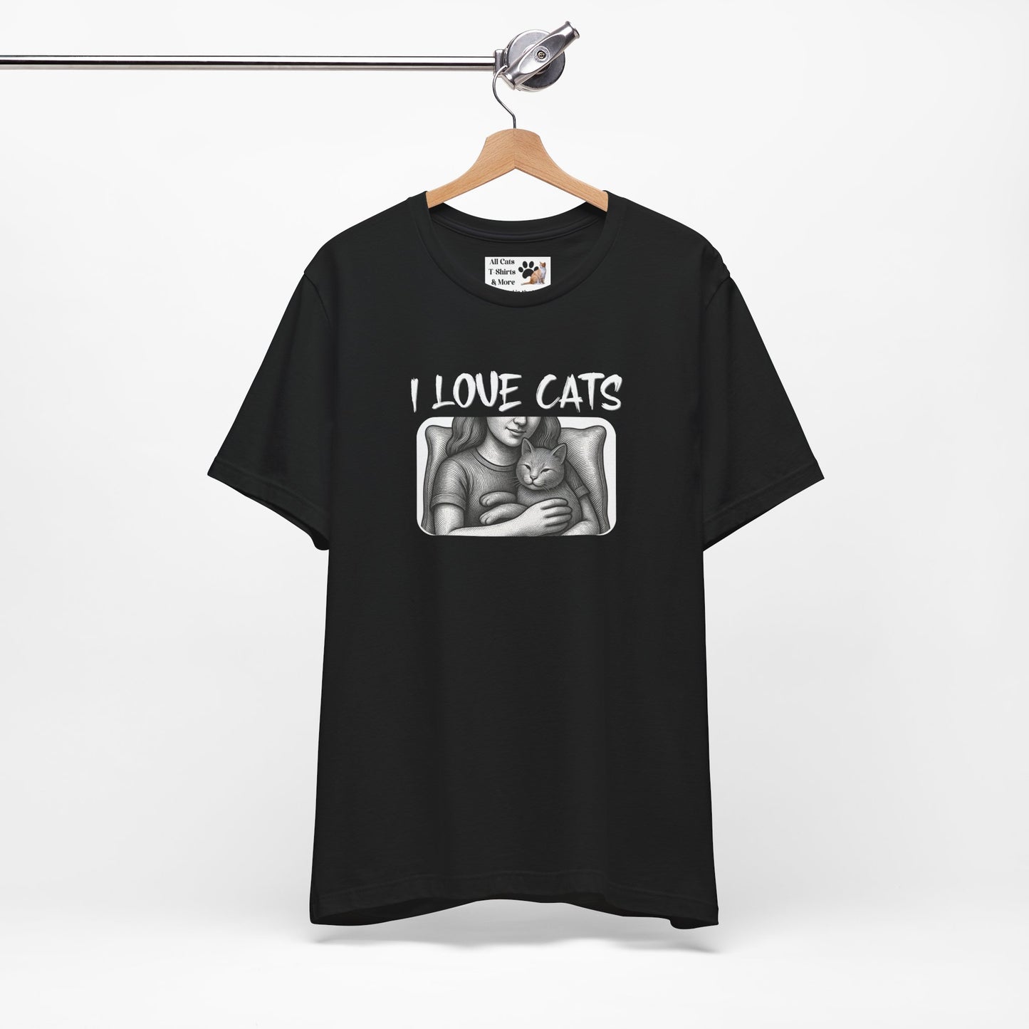I Love Cats T-Shirt — Cat Lover Graphic Tee with Cozy Cat Cuddle Illustration