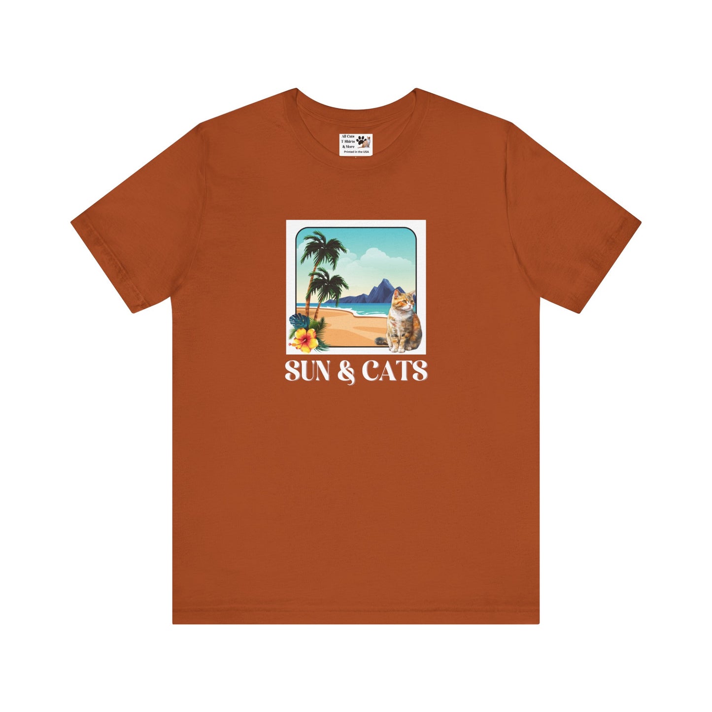 Sun & Cats Beach T-Shirt - (Retro Tropical Cat Graphic Tee for Cat Fans)