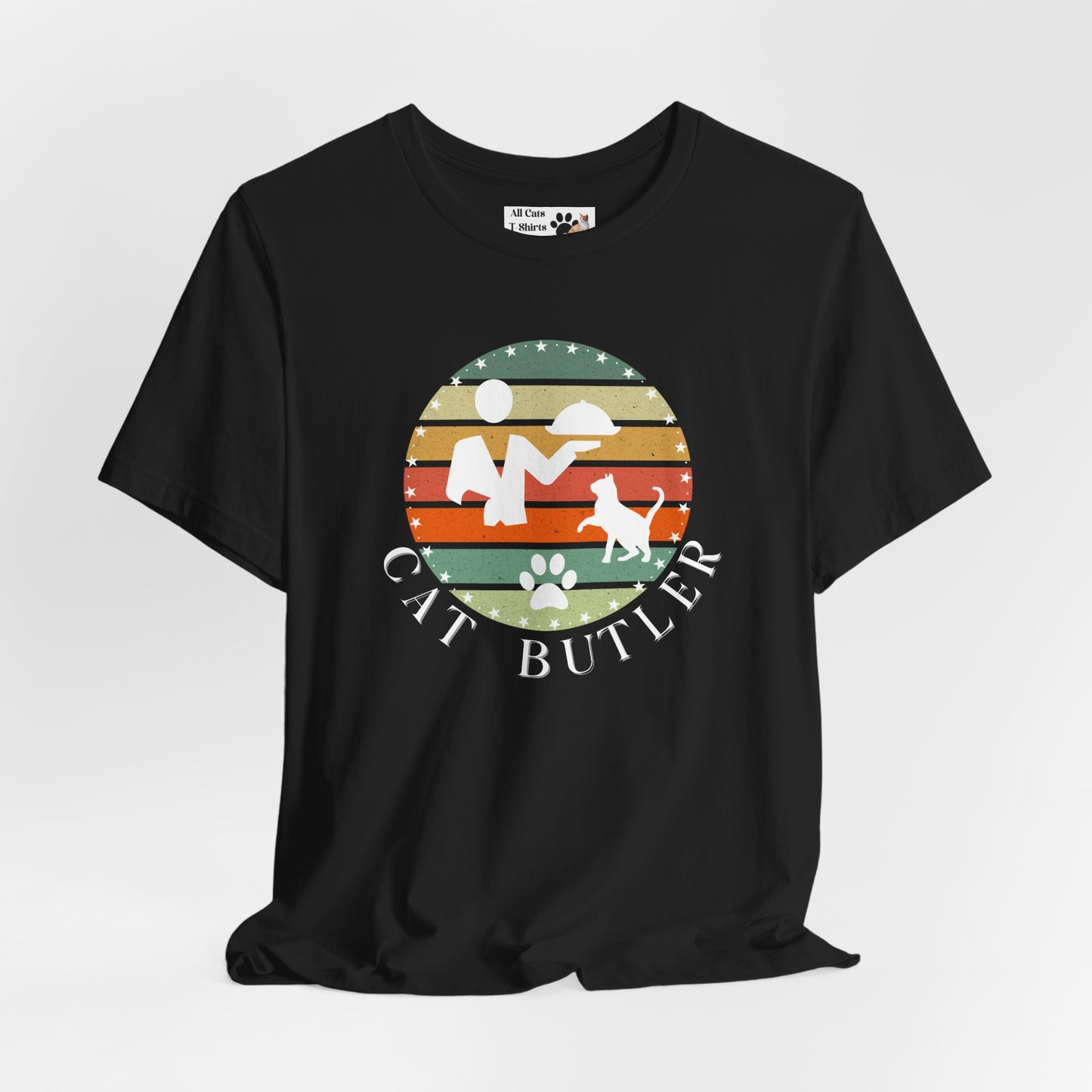 "Cat Butler" T-Shirt - With Vintage Sunset Style Graphic - (Unisex Jersey Short Sleeve Tee - Perfect Gift for Cat Lovers!)