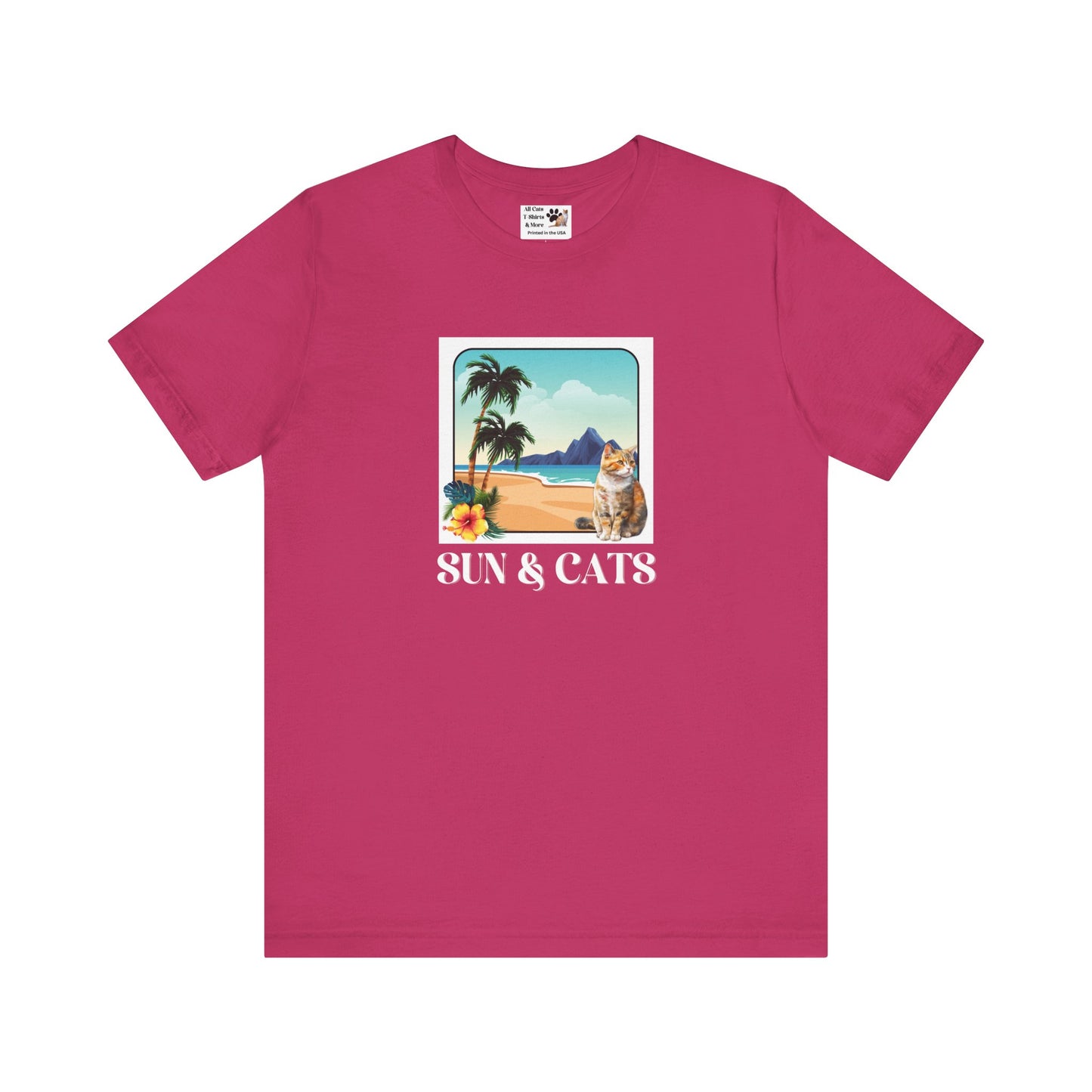 Sun & Cats Beach T-Shirt - (Retro Tropical Cat Graphic Tee for Cat Fans)