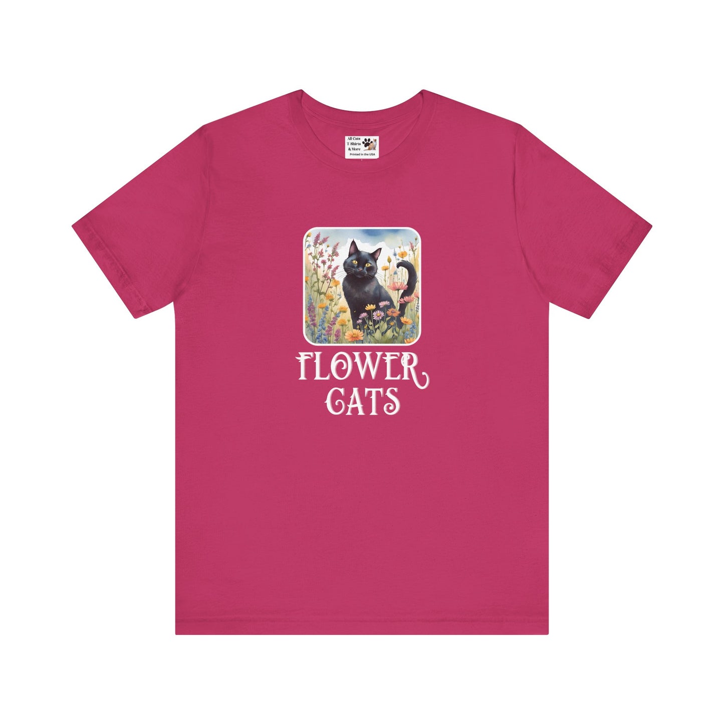 Flower Cats T-Shirt - (Flower Cat Tee #2, Black Cat Garden T-Shirt  - Whimsical Floral Cat Tee for Cat Lovers)