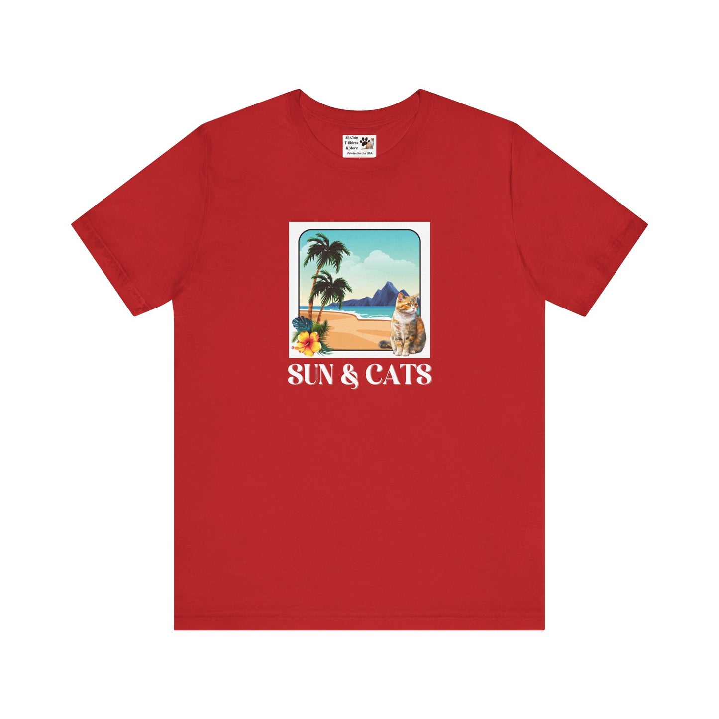 Sun & Cats Beach T-Shirt - (Retro Tropical Cat Graphic Tee for Cat Fans)