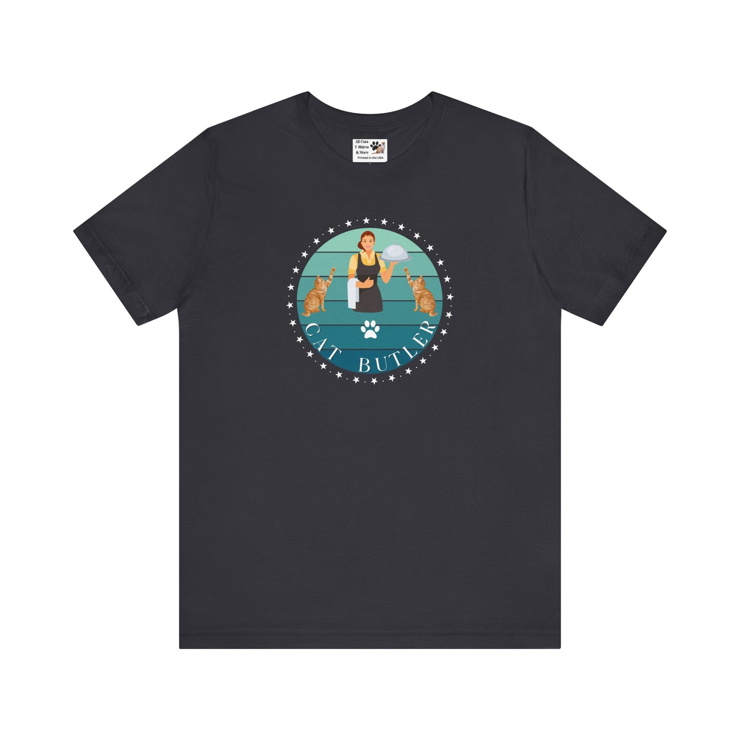 "Cat Butler" T-Shirt - With Vintage Sunset Style Graphic [Double Cats & Woman] - (Unisex Jersey Short Sleeve Tee - Perfect Gift for Cat Lovers!)