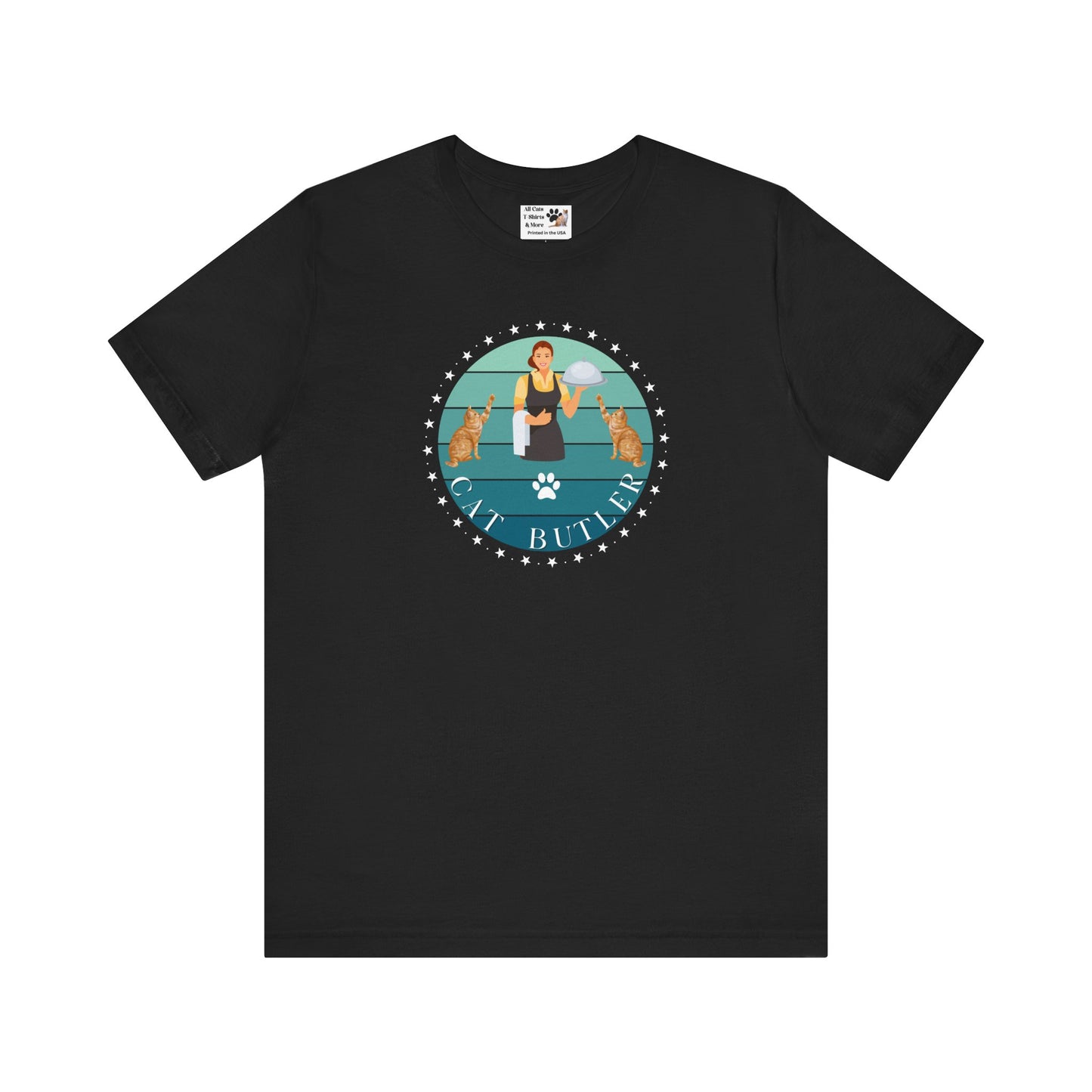 "Cat Butler" T-Shirt - With Vintage Sunset Style Graphic [Double Cats & Woman] - (Unisex Jersey Short Sleeve Tee - Perfect Gift for Cat Lovers!)