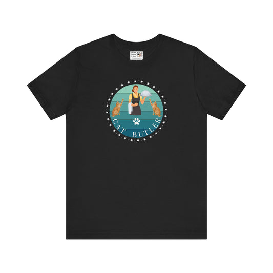 "Cat Butler" T-Shirt - With Vintage Sunset Style Graphic [Double Cats & Woman] - (Unisex Jersey Short Sleeve Tee - Perfect Gift for Cat Lovers!)