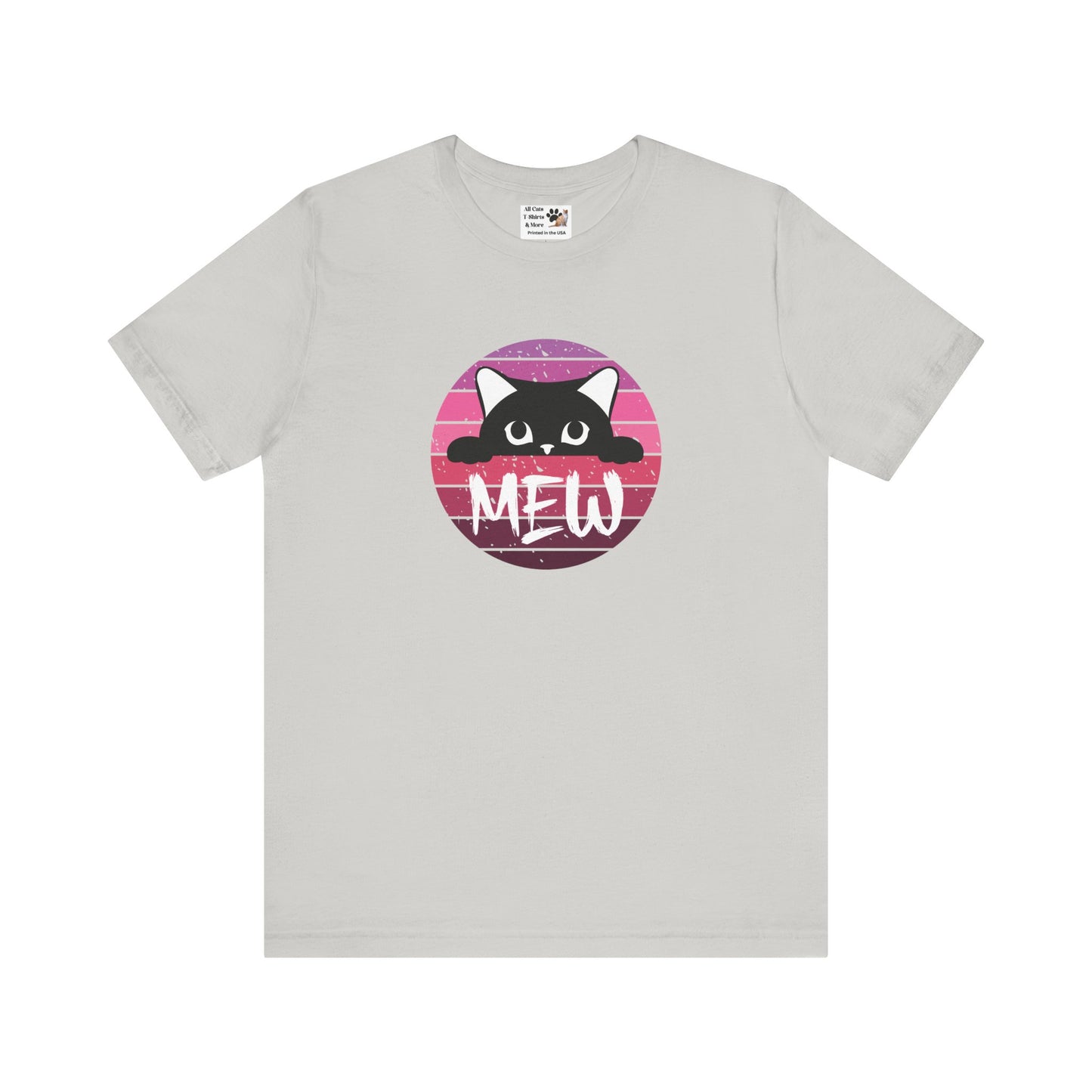 Cute Black Cat "MEW" Graphic Tee - (Pink Vintage Sunset T‑Shirt)
