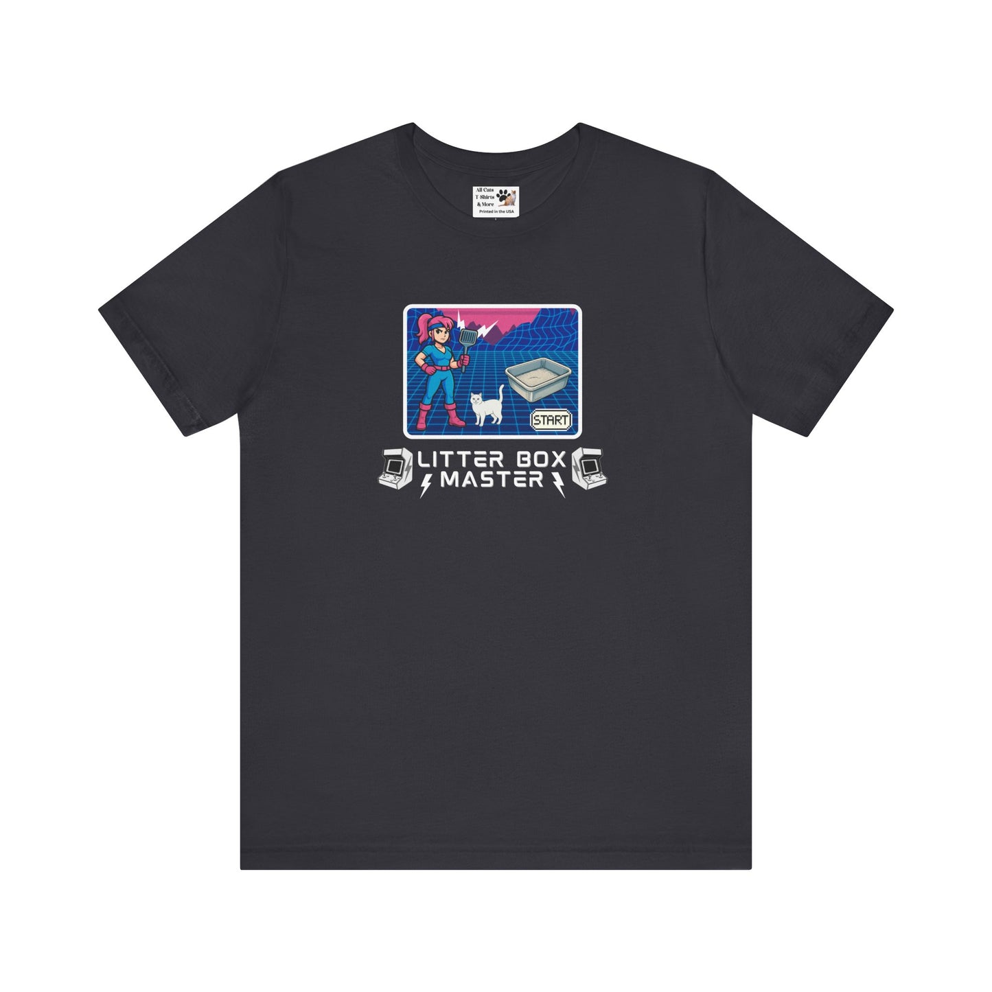 Litter Box Master T-Shirt [Tee #4] - (Funny Retro "Cat Litter Scooping Arcade Game" T-Shirt)