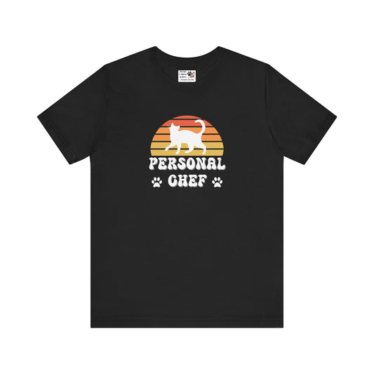 Vintage Sunset Personal Chef for Cats T-Shirt (#18 - White Cat Silhouette & Paw Prints - Unisex Jersey Tee – Funny Cat Tee)