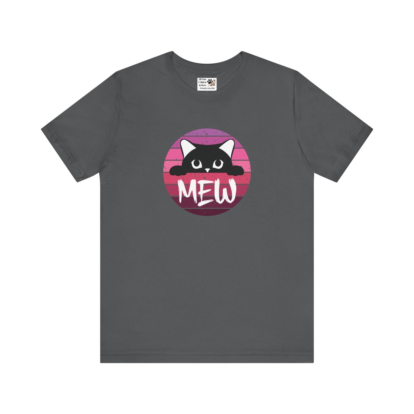 Cute Black Cat "MEW" Graphic Tee - (Pink Vintage Sunset T‑Shirt)