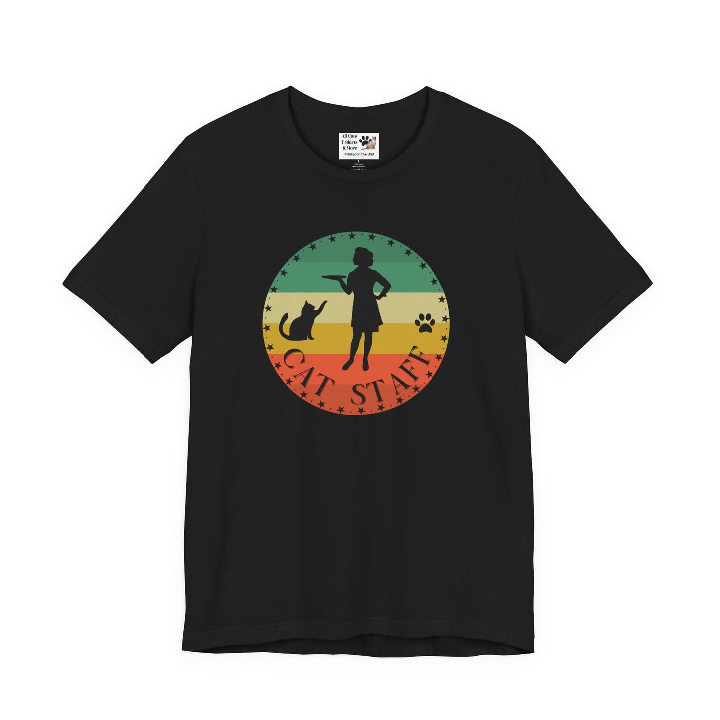 Cat Staff T-Shirt - (Vintage Sunset Style Design - Unisex Jersey Tee - Perfect Gift for Cat Lovers)