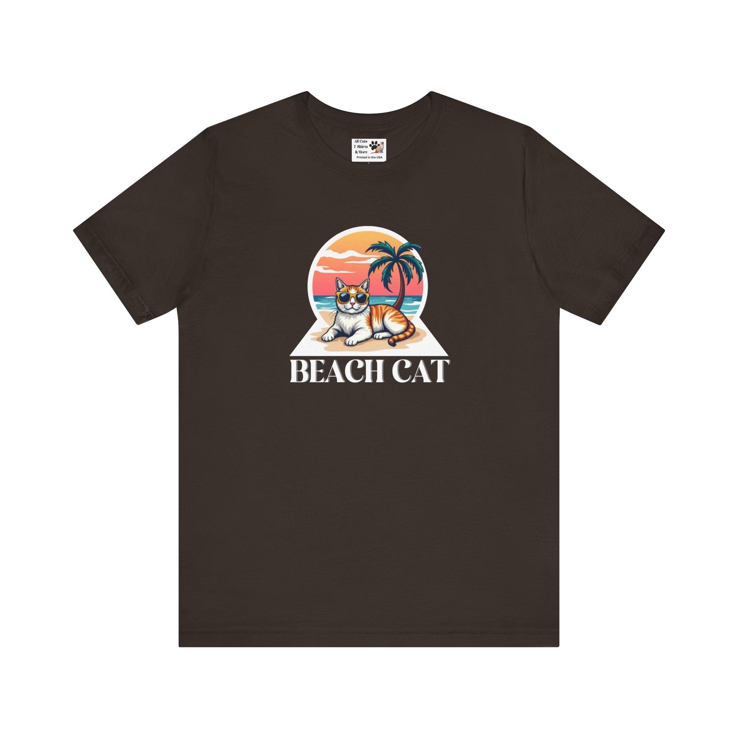 Beach Cat T-Shirt - (Retro Sunset Graphic Tee for Cat Fans)