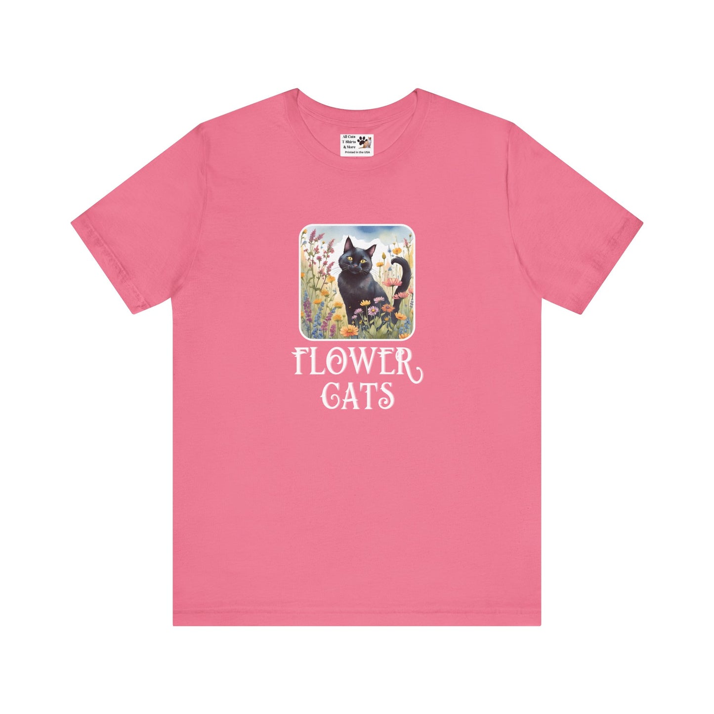 Flower Cats T-Shirt - (Flower Cat Tee #2, Black Cat Garden T-Shirt  - Whimsical Floral Cat Tee for Cat Lovers)