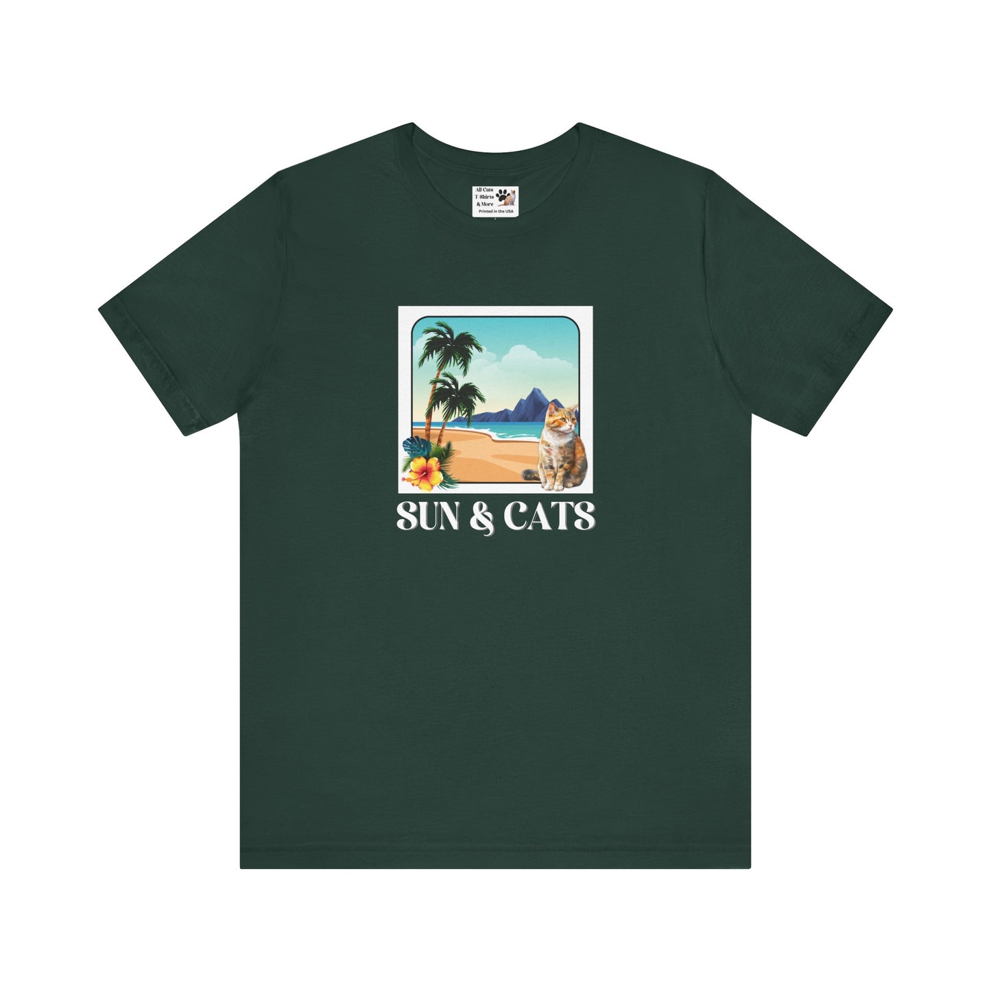 Sun & Cats Beach T-Shirt - (Retro Tropical Cat Graphic Tee for Cat Fans)