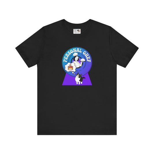 Personal Chef for Cats T-Shirt - (#8 - B/W Cat & Chef Blue Purple Design - Unisex Jersey Tee – Perfect for Cat Care Givers!)