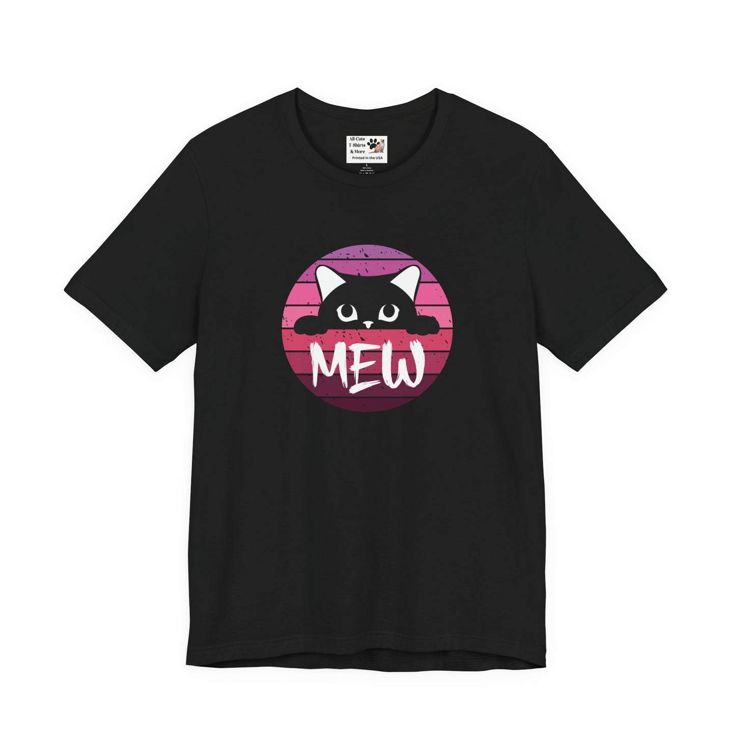 Cute Black Cat "MEW" Graphic Tee - (Pink Vintage Sunset T‑Shirt)