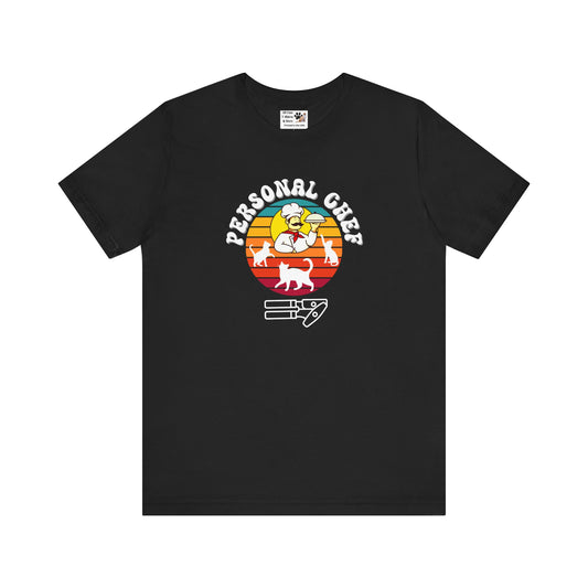 Vintage Sunset Personal Chef for Cats T-Shirt (#16 - Three Cats, Italian Chef & Can Opener - Unisex Jersey Tee – Funny Cat Tee)
