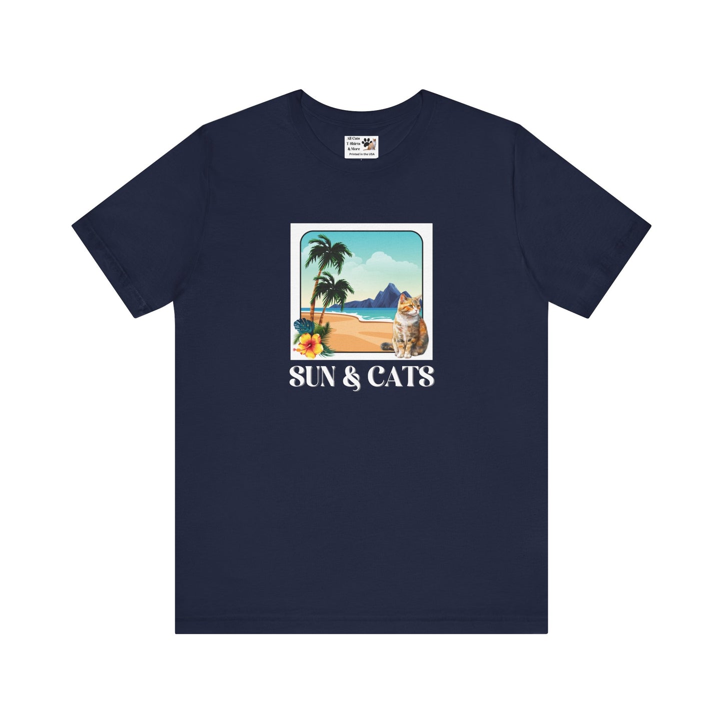Sun & Cats Beach T-Shirt - (Retro Tropical Cat Graphic Tee for Cat Fans)