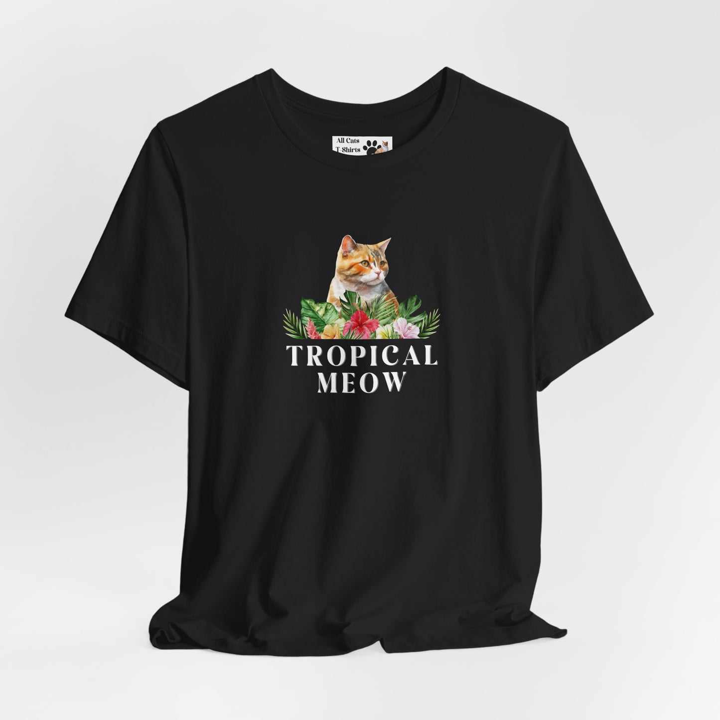 Tropical Meow Cat T-Shirt - (Cute Floral Cat Tee, Tropical Meow #2 No Background)
