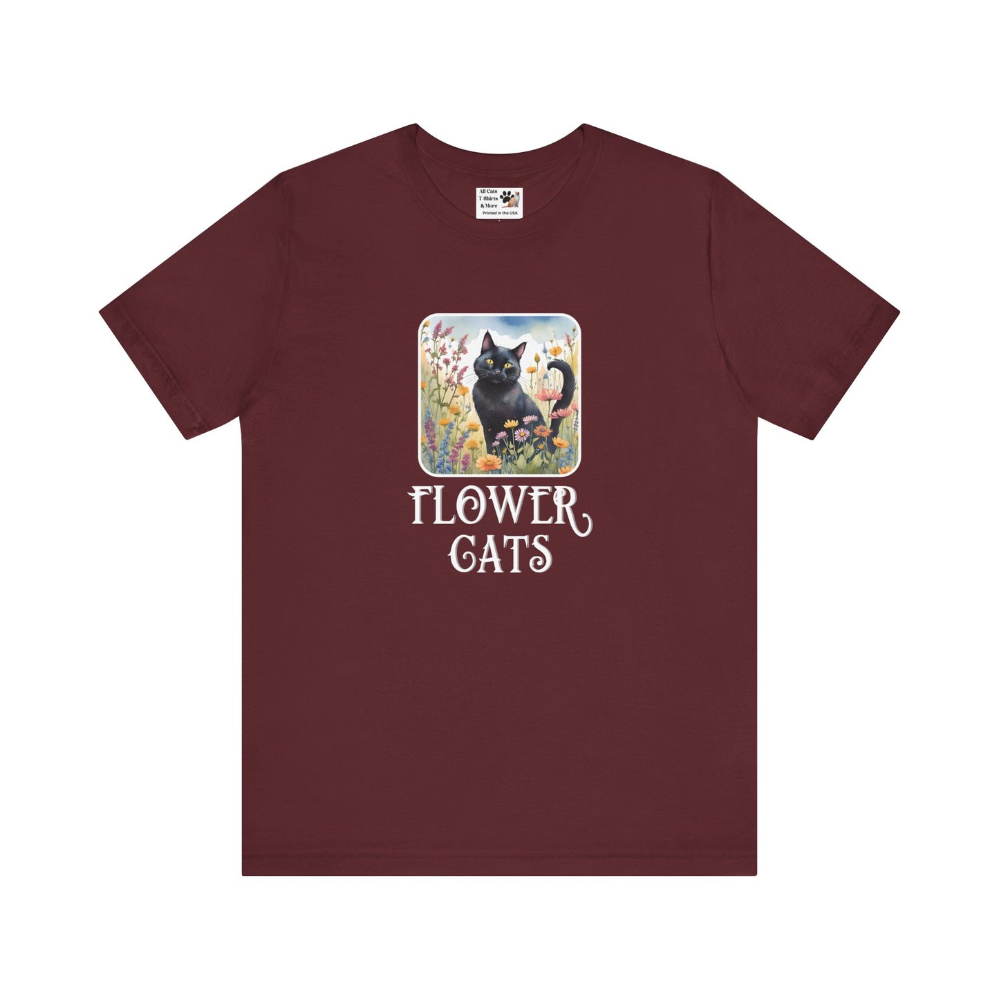 Flower Cats T-Shirt - (Flower Cat Tee #2, Black Cat Garden T-Shirt  - Whimsical Floral Cat Tee for Cat Lovers)