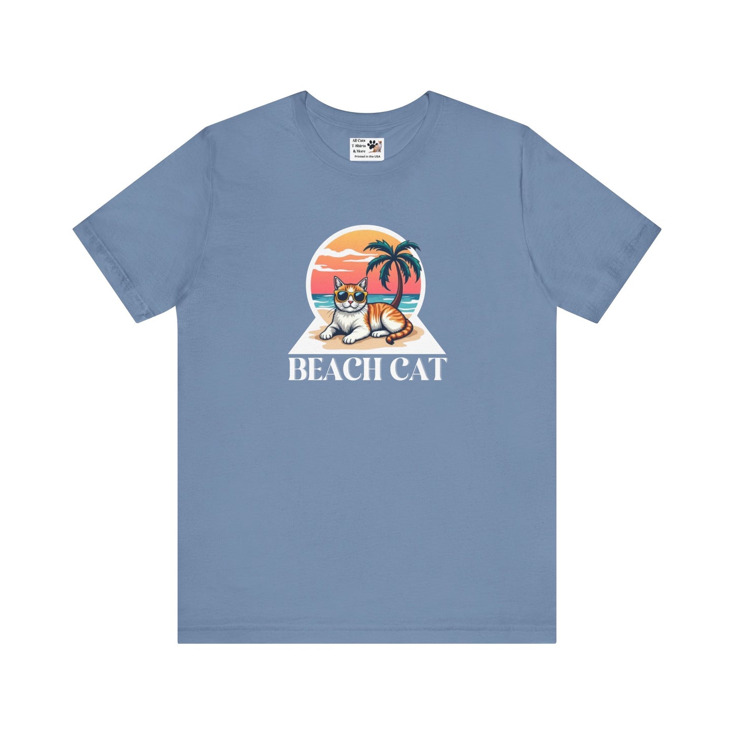 Beach Cat T-Shirt - (Retro Sunset Graphic Tee for Cat Fans)