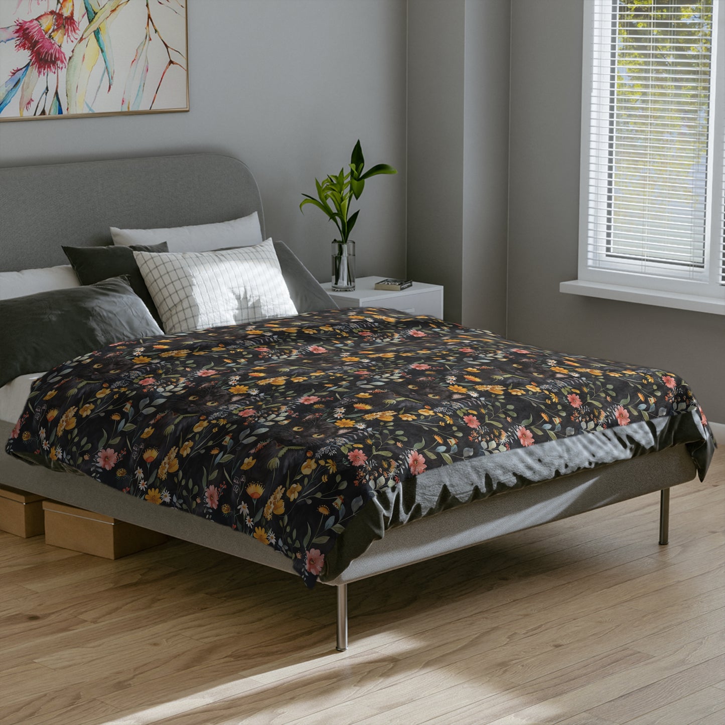 Cat & Flowers Blanket | Cozy Microfiber Blanket, Cat Lover Gift, Floral Throw, Home Decor