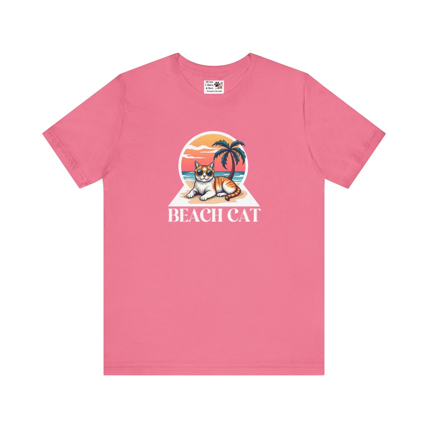 Beach Cat T-Shirt - (Retro Sunset Graphic Tee for Cat Fans)