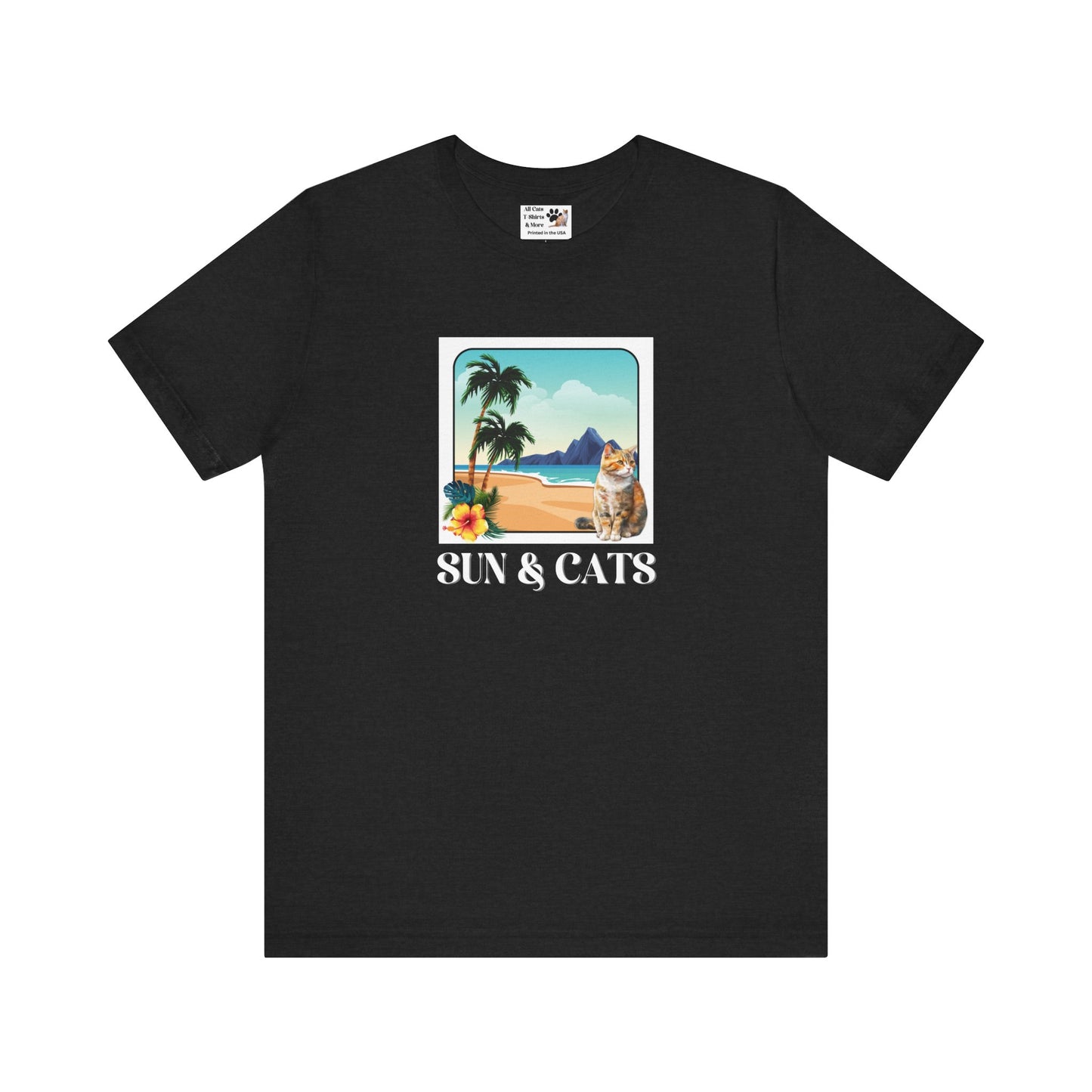 Sun & Cats Beach T-Shirt - (Retro Tropical Cat Graphic Tee for Cat Fans)