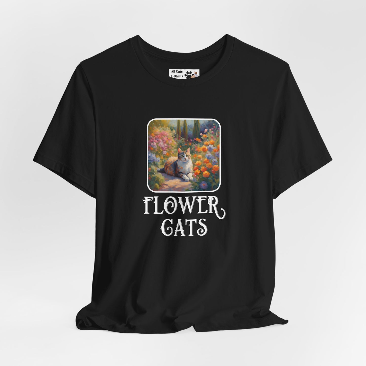 Flower Cats T-Shirt — (Flower Cats Tee #1, Colorful Garden Cat T-Shirt for Cat Fans & Cat Lovers!)