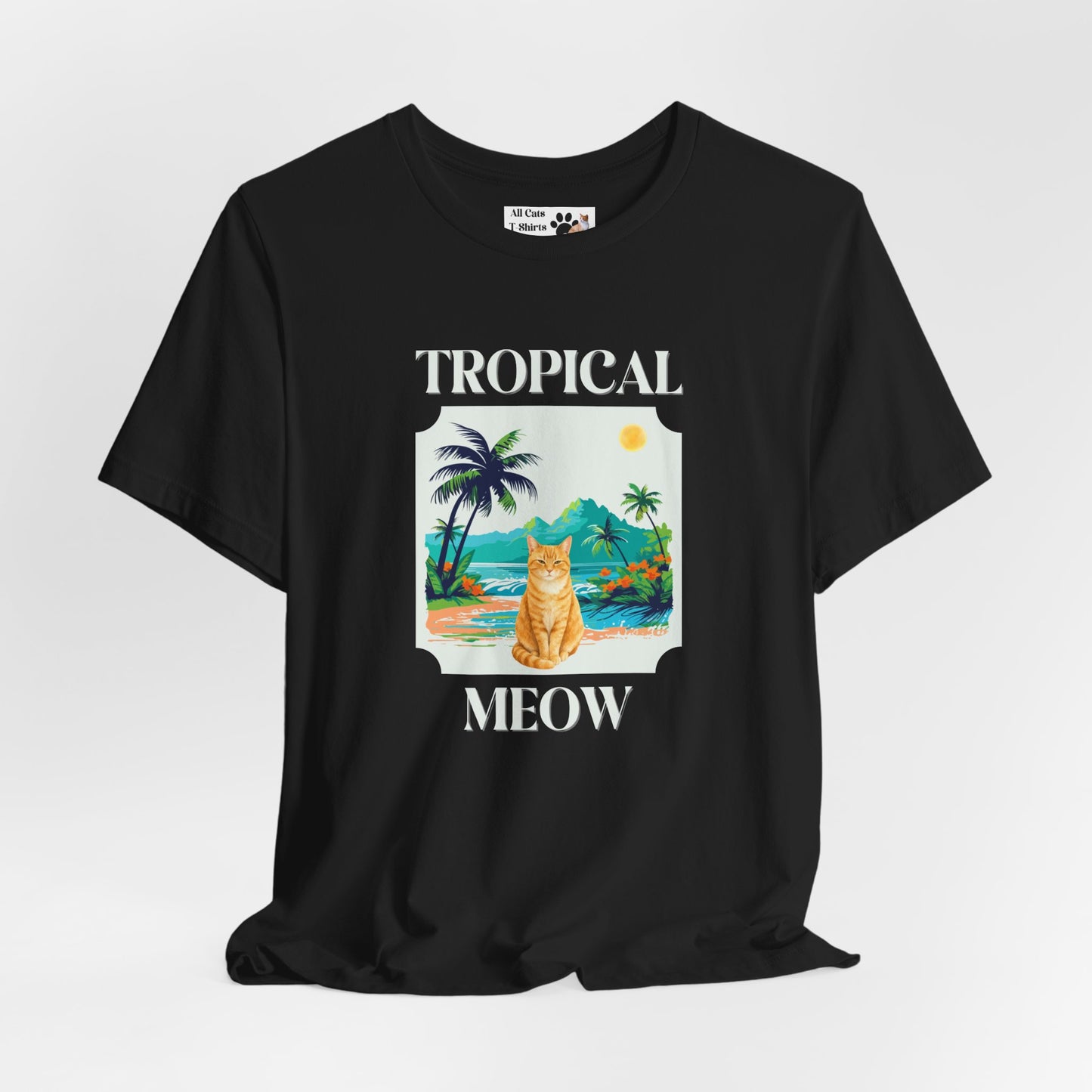 Tropical Meow Cat Tee — (Retro Beach Cat Graphic T-Shirt)