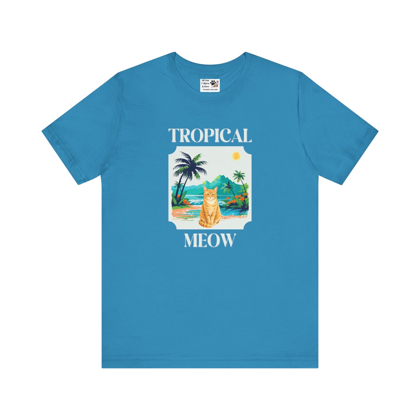 Tropical Meow Cat Tee — (Retro Beach Cat Graphic T-Shirt)