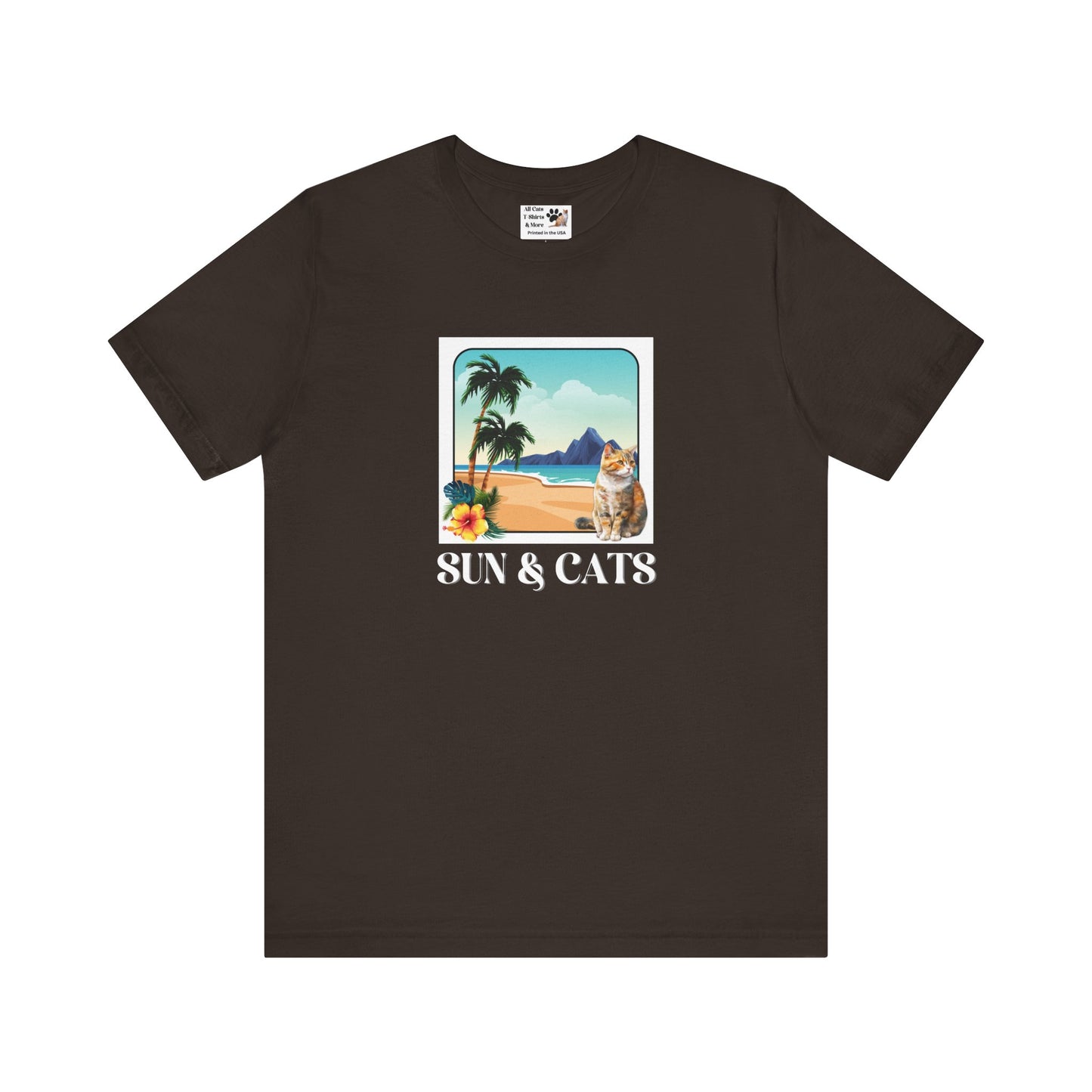 Sun & Cats Beach T-Shirt - (Retro Tropical Cat Graphic Tee for Cat Fans)