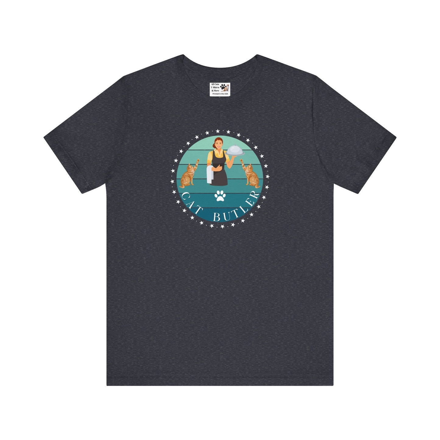 "Cat Butler" T-Shirt - With Vintage Sunset Style Graphic [Double Cats & Woman] - (Unisex Jersey Short Sleeve Tee - Perfect Gift for Cat Lovers!)