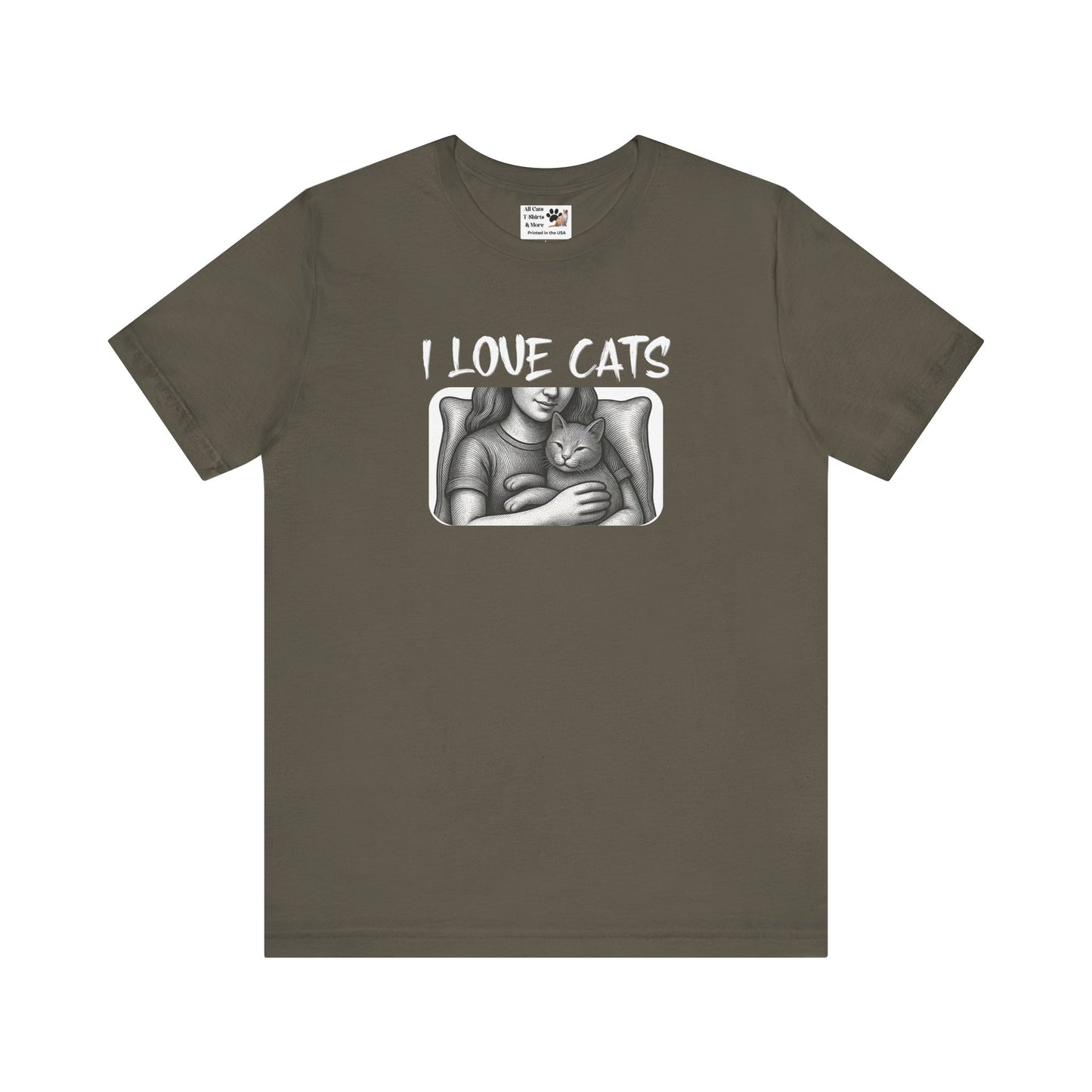 I Love Cats T-Shirt — Cat Lover Graphic Tee with Cozy Cat Cuddle Illustration