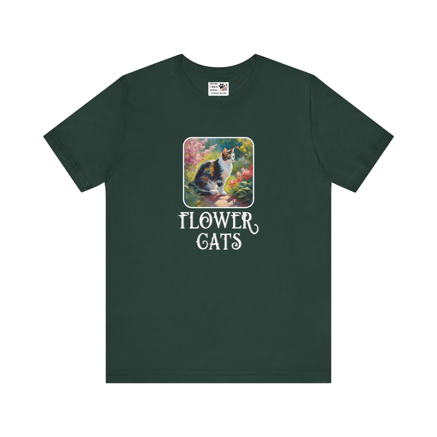 Flower Cats T-Shirt - (Flower Cat Tee #3, Calico Garden Cat T-Shirt for Cat Lovers, Cat Moms)