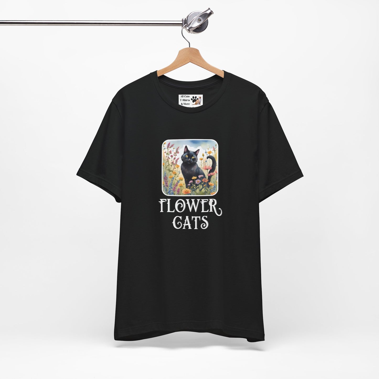 Flower Cats T-Shirt - (Flower Cat Tee #2, Black Cat Garden T-Shirt  - Whimsical Floral Cat Tee for Cat Lovers)