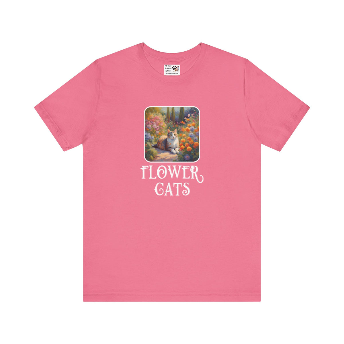Flower Cats T-Shirt — (Flower Cats Tee #1, Colorful Garden Cat T-Shirt for Cat Fans & Cat Lovers!)