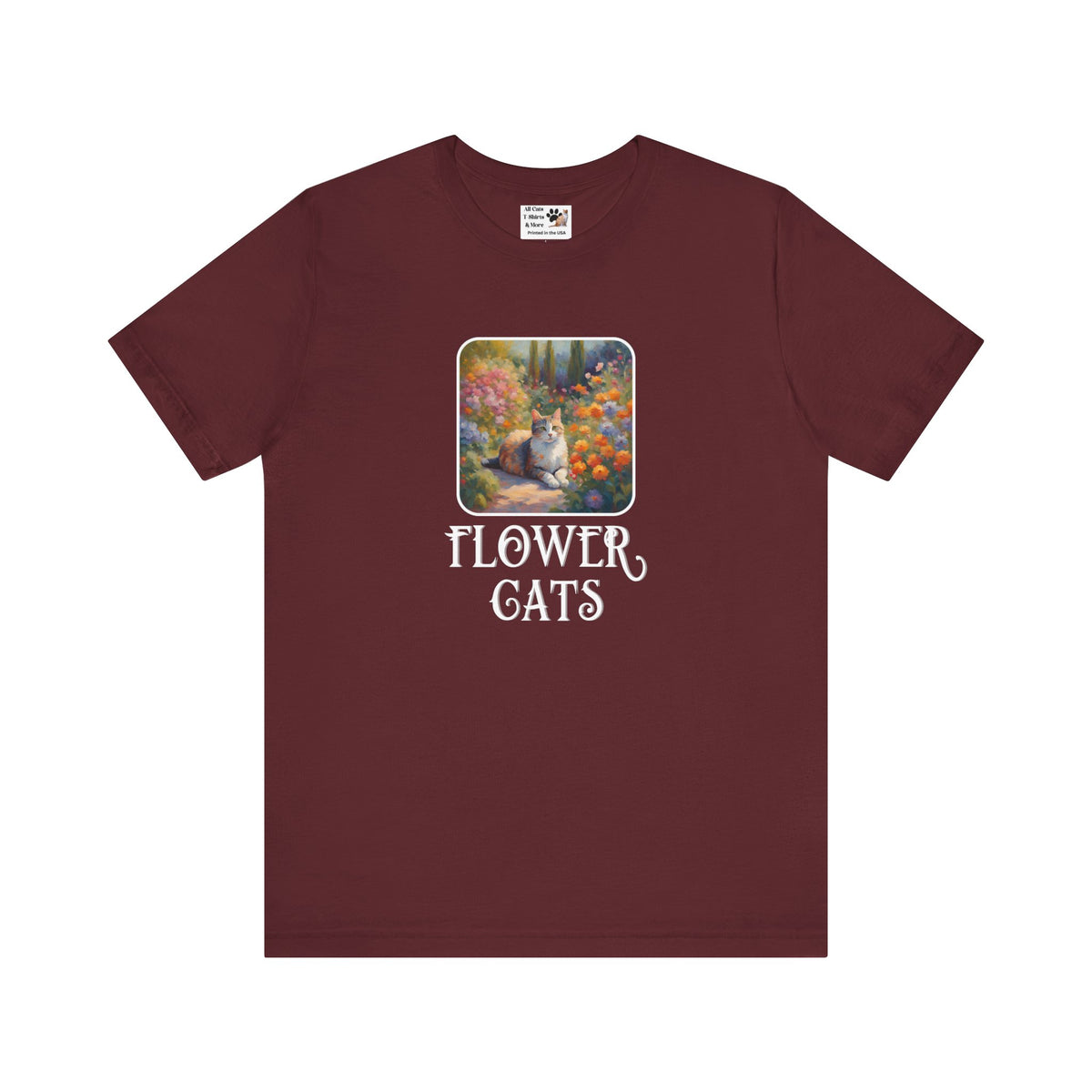 Flower Cats T-Shirt — (Flower Cats Tee #1, Colorful Garden Cat T-Shirt for Cat Fans & Cat Lovers!)