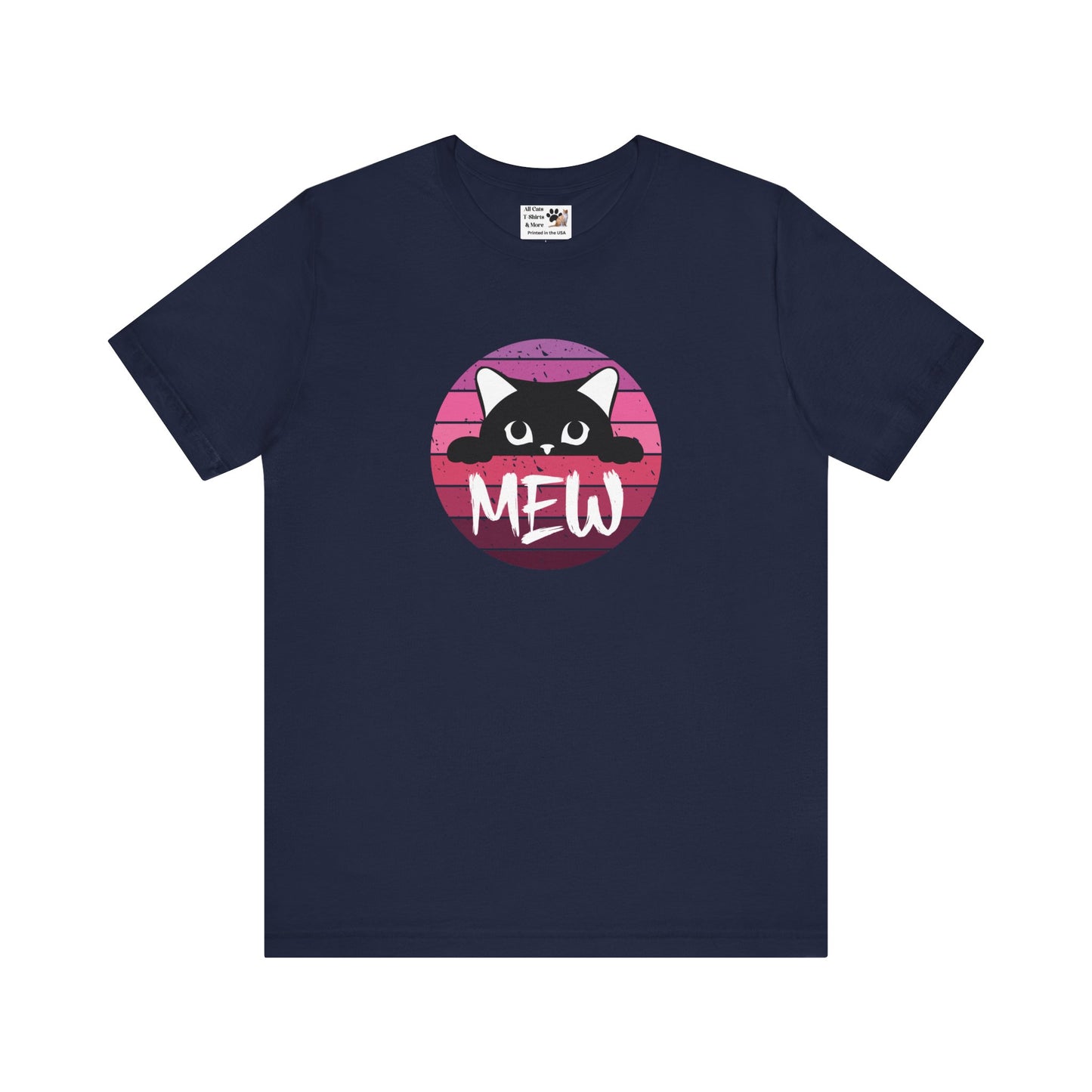 Cute Black Cat "MEW" Graphic Tee - (Pink Vintage Sunset T‑Shirt)