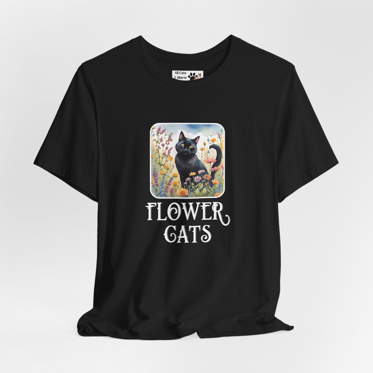 Flower Cats T-Shirt - (Flower Cat Tee #2, Black Cat Garden T-Shirt  - Whimsical Floral Cat Tee for Cat Lovers)