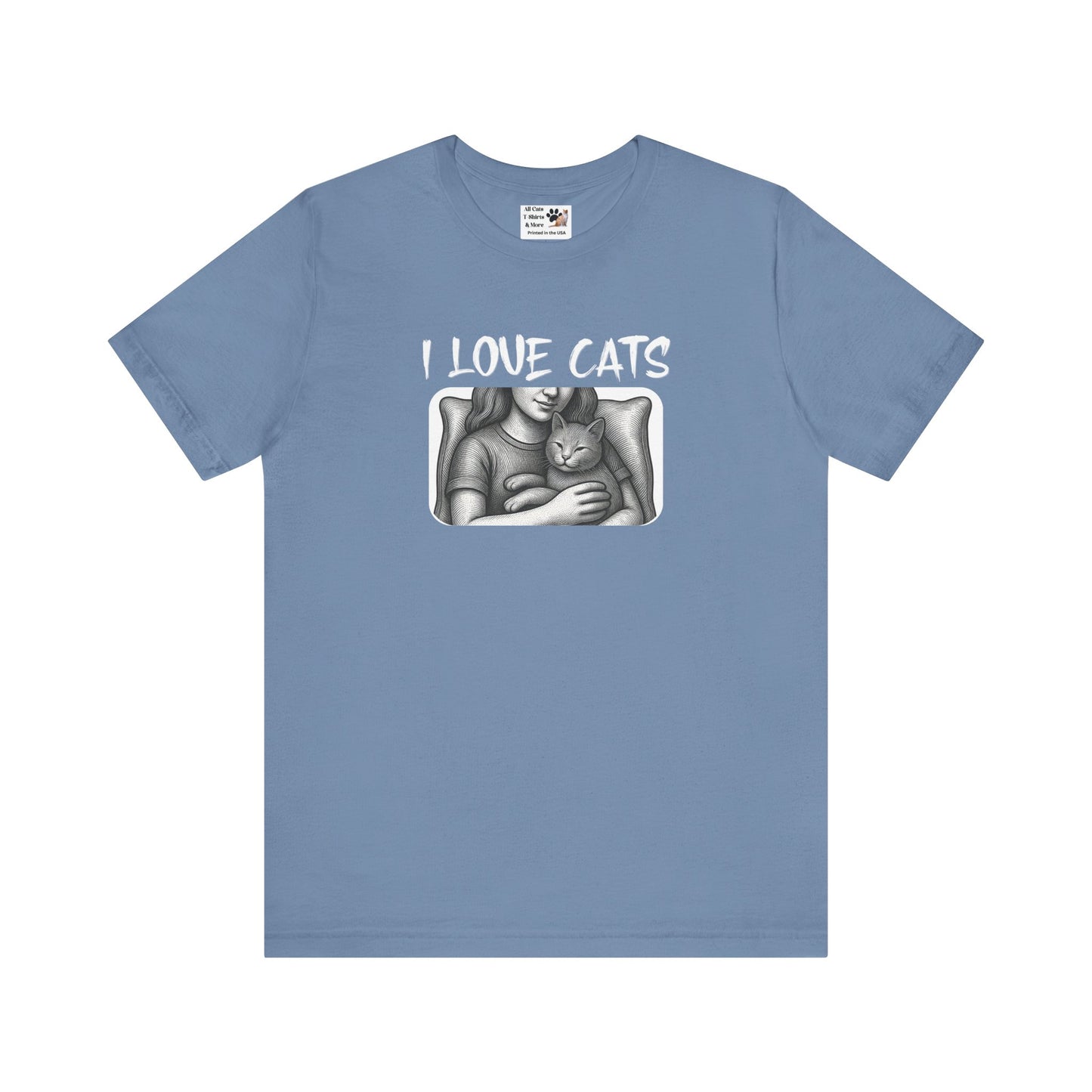 I Love Cats T-Shirt — Cat Lover Graphic Tee with Cozy Cat Cuddle Illustration