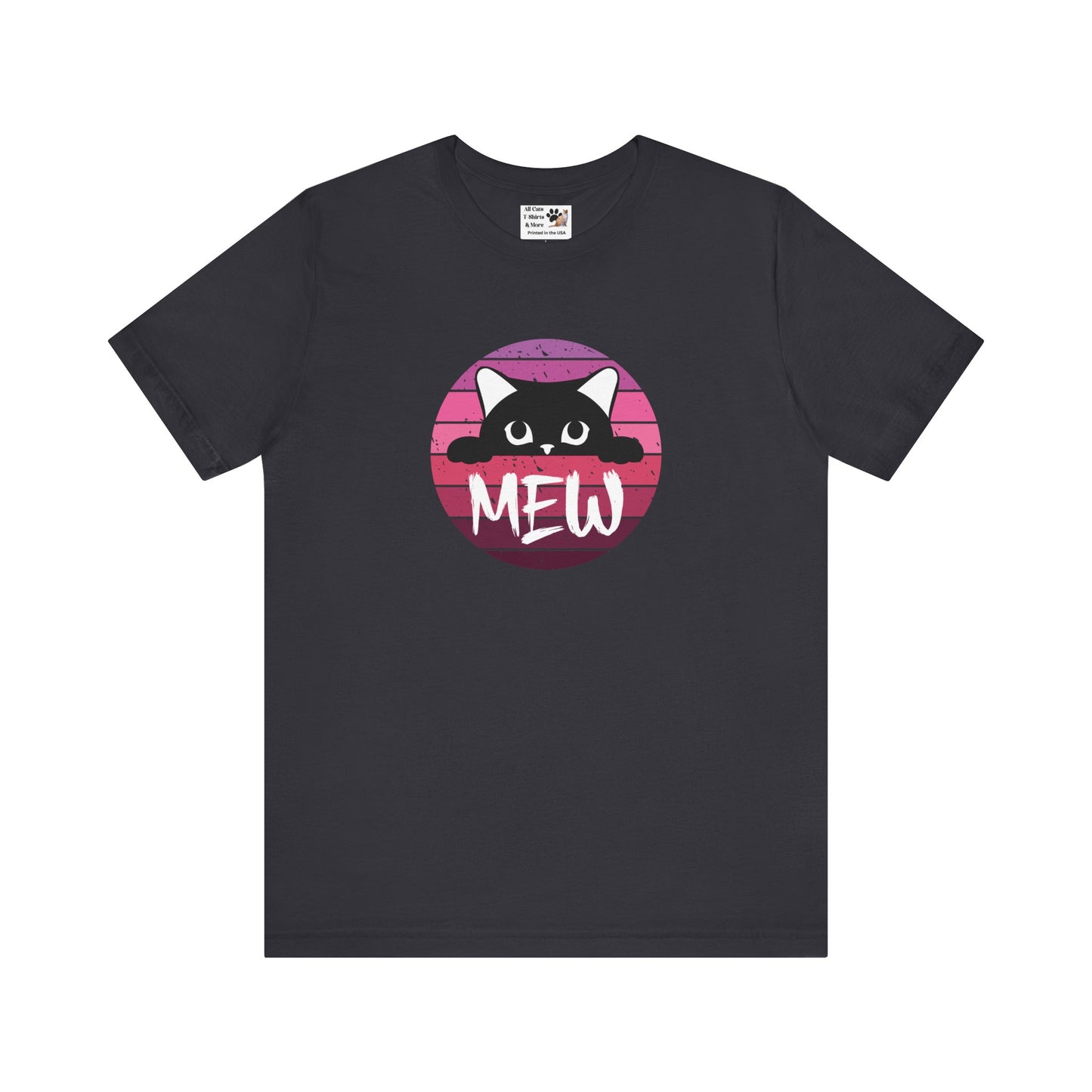 Cute Black Cat "MEW" Graphic Tee - (Pink Vintage Sunset T‑Shirt)
