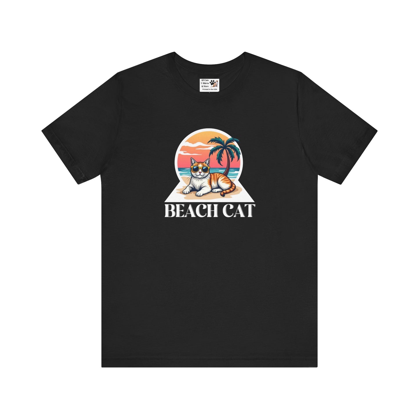 Beach Cat T-Shirt - (Retro Sunset Graphic Tee for Cat Fans)