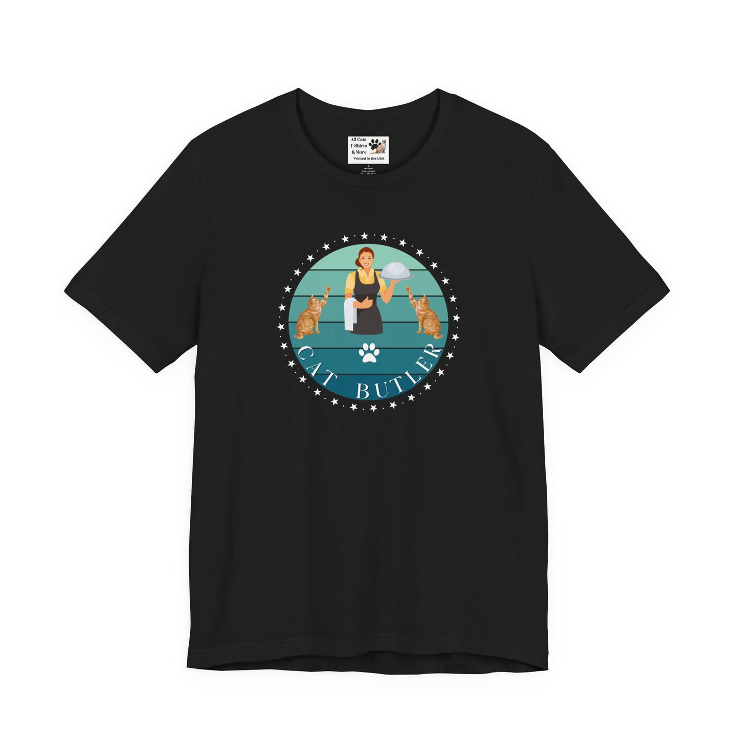 "Cat Butler" T-Shirt - With Vintage Sunset Style Graphic [Double Cats & Woman] - (Unisex Jersey Short Sleeve Tee - Perfect Gift for Cat Lovers!)