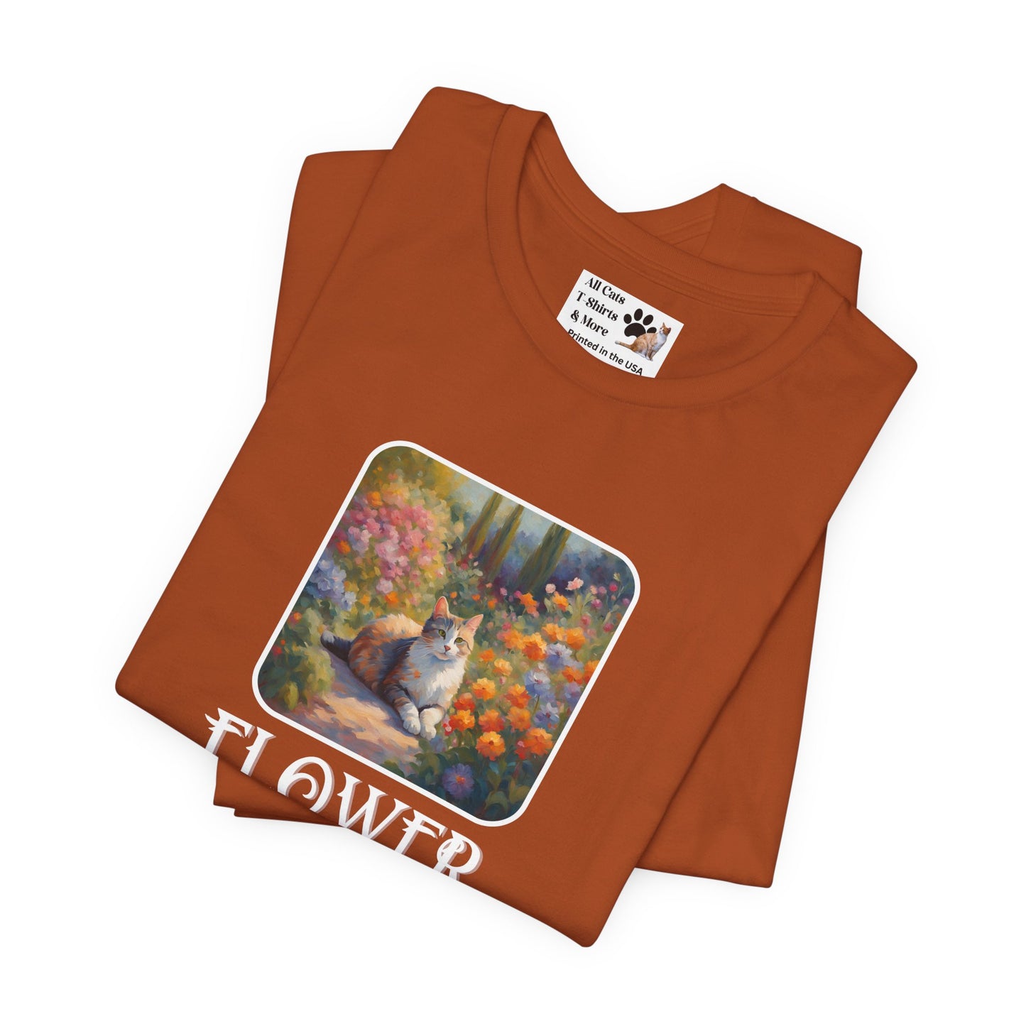 Flower Cats T-Shirt — (Flower Cats Tee #1, Colorful Garden Cat T-Shirt for Cat Fans & Cat Lovers!)