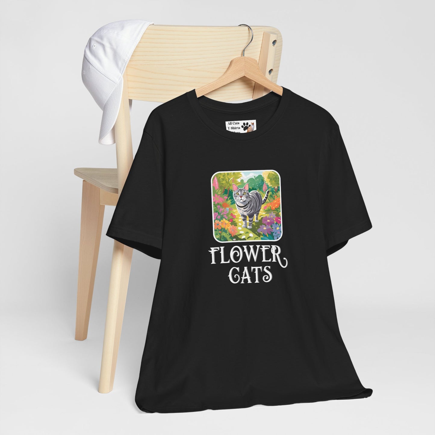 Flower Cats T-Shirts - (Flower Cats Tee #4, Cat in Wildflower Garden T-Shirt, Cat Mom Tee)